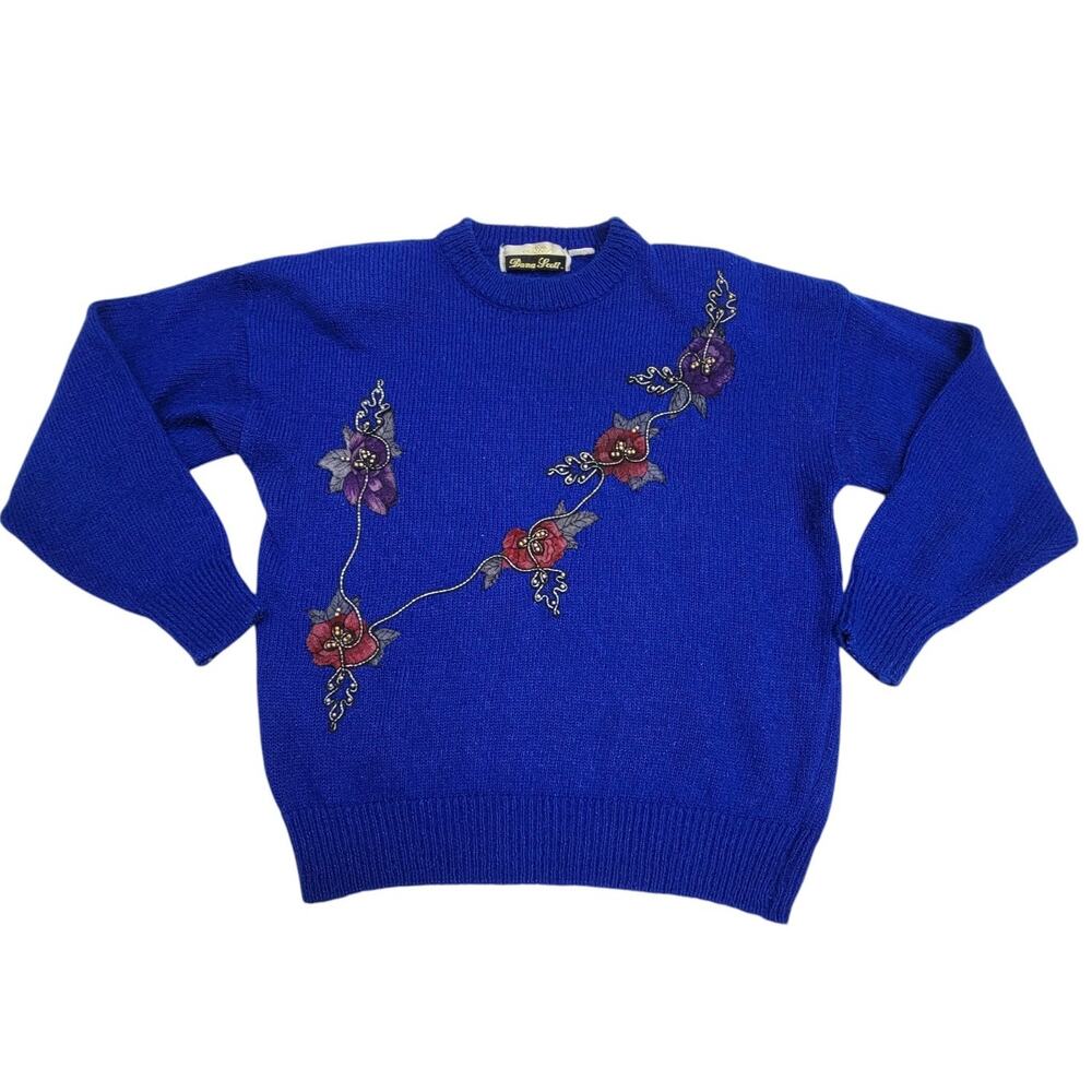 Vintage Dana Scott Royal Blue Floral Applique Knit Sweater Womens Size M/L